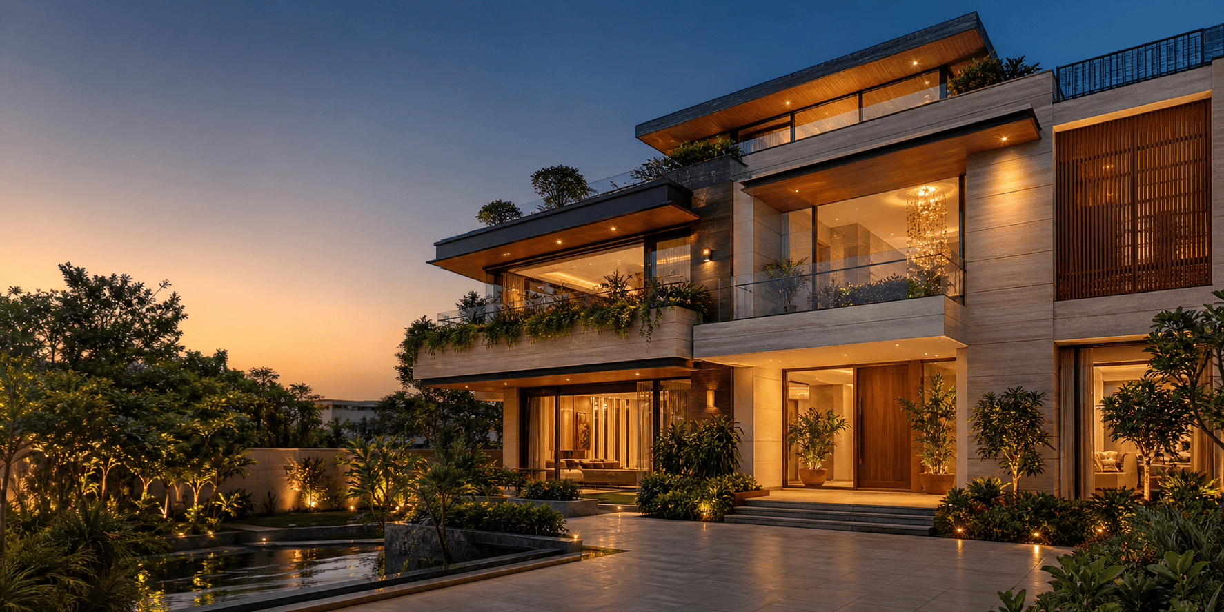 Luxury villa exterior with warm evening lights and landscaped garden